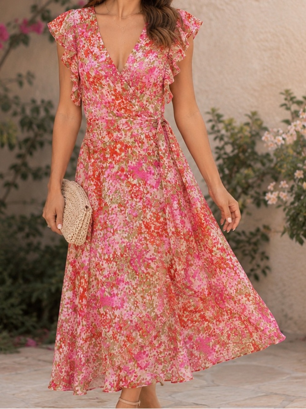 DKNY Floral Ruffle Wrap Midi Dress NWT Size 8